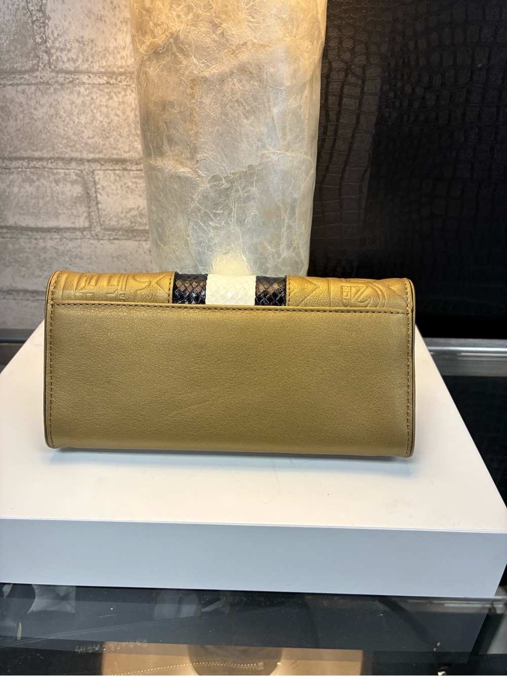 L.A.M.B Gold Embossed Leather Clutch with Black & White Stripe - Picture 6 of 8
